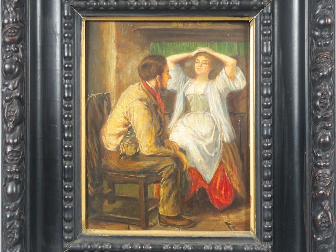 THOMAS.  'Conversation'. Huile sur panneau. Signée en bas à gauche. Di