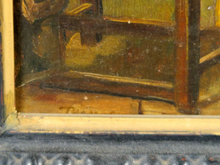 THOMAS.  'Conversation'. Huile sur panneau. Signée en bas à gauche. Di