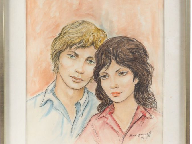 Anatola SOUNGOUROFF 'Double portrait'. Dessin aquarellé. Signé en bas 