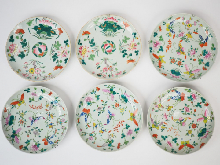 Six assiettes en porcelaine et émaux de la famille rose, à décor diver