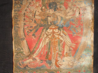 Vente aux enchères Thangka en polychromie sur toile représentant la divinité tantrique Ch