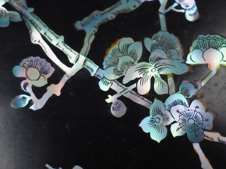 Plateau en laque noire, à décor en marqueterie de nacre d'oiseaux bran