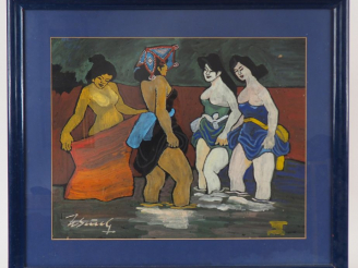 Vente aux enchères HOANG SUNG  "Jeunes femmes au bain" Encre et couleurs sur papier. Sign