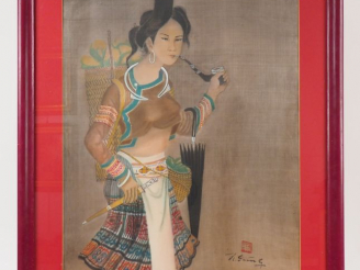 Vente aux enchères HOANG SUNG "Jeune femme fumant la pipe' Encre et couleurs sur soie.  S