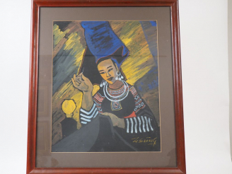 Vente aux enchères HOANG SUNG "Jeune femme présentant une étoffe" Encre et couleurs sur p