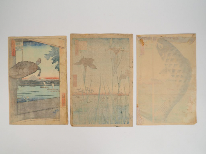 HIROSHIGE (1797-1858) Trois estampes oban tate-e  de la série des « Ce