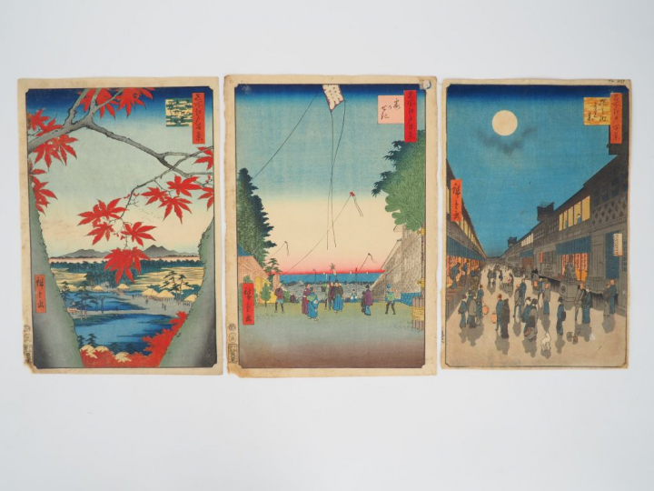 HIROSHIGE (1797-1858) Trois estampes oban tate-e de la série des « Cen