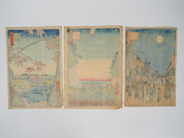 HIROSHIGE (1797-1858) Trois estampes oban tate-e de la série des « Cen
