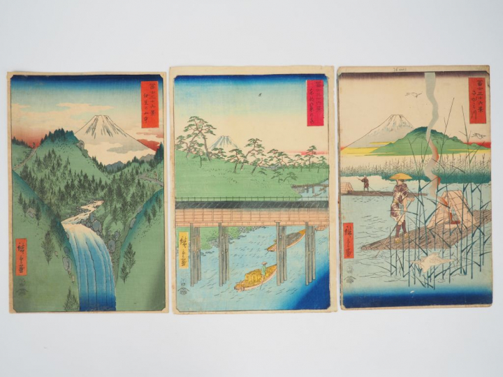 HIROSHIGE (1797-1858) Trois estampes oban tate-e de la série des « Tre