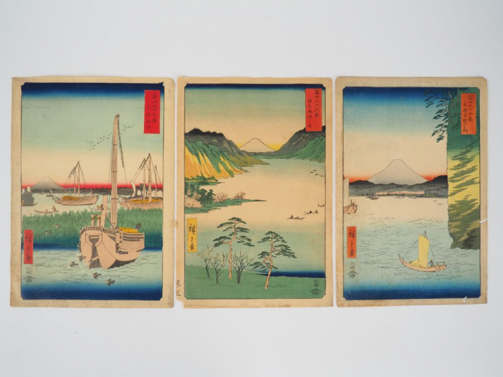 HIROSHIGE (1797-1858) Trois estampes oban tate-e de la série des « Tre
