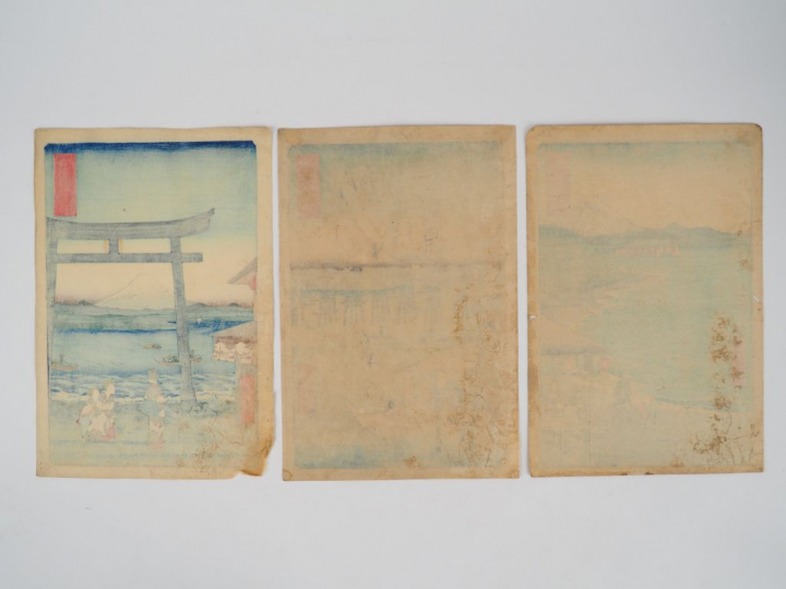 HIROSHIGE (1797-1858) Trois estampes oban tate-e de la série des « Tre