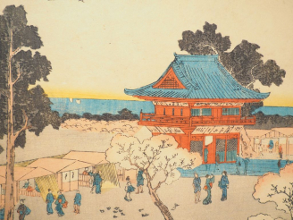 Vente aux enchères KUNIYOSHI (1797-1861)   Trois estampes oban yoko-e, vues de temples et