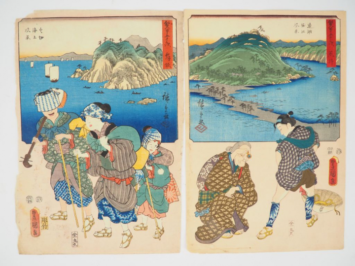 HIROSHIGE (1797-1858) et TOYOKUNI III (1786-1865)  Cinq estampes de la