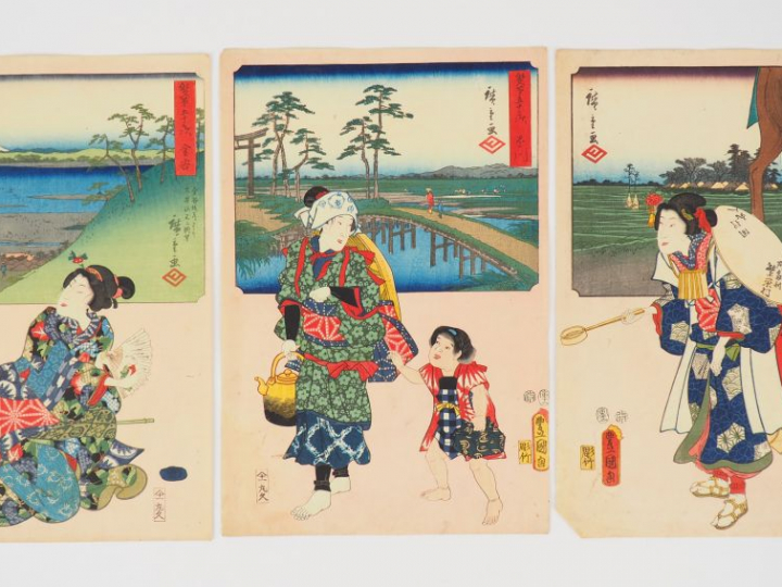 HIROSHIGE (1797-1858) et TOYOKUNI III (1786-1865)  Cinq estampes de la