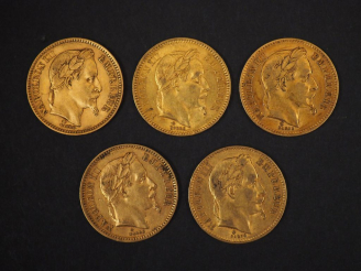 Vente aux enchères Cinq pièces de 20 Francs or, 1862-A, 1863-BB, 1864-A,1867-BB, 1868-BB.