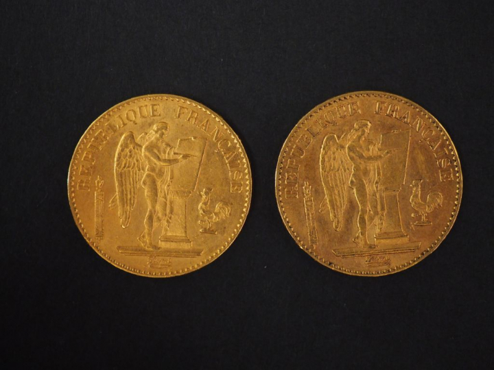 Deux pièces de 20 Francs or, 1875-A et 1879-A. FRAIS ACHETEURS : 5% TT