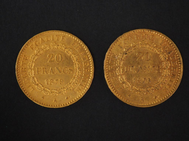 Deux pièces de 20 Francs or, 1875-A et 1879-A. FRAIS ACHETEURS : 5% TT