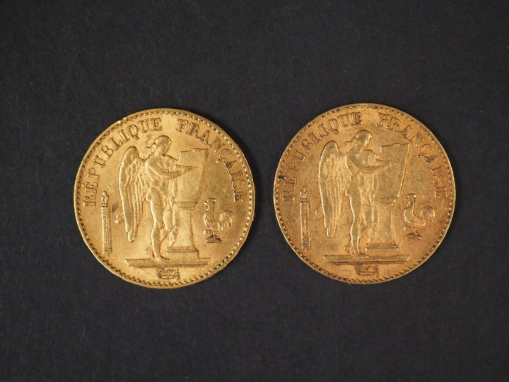Deux pièces de 20 Francs or, 1886-A et 1898-A. FRAIS ACHETEURS : 5% TT
