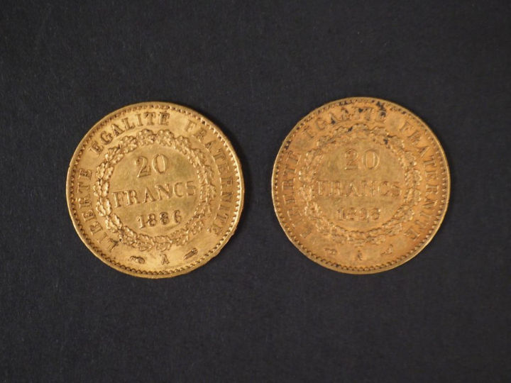 Deux pièces de 20 Francs or, 1886-A et 1898-A. FRAIS ACHETEURS : 5% TT