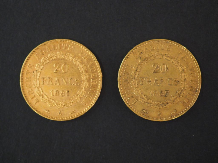 Deux pièces de 20 Francs or, 1887-A et 1889-A. FRAIS ACHETEURS : 5% TT