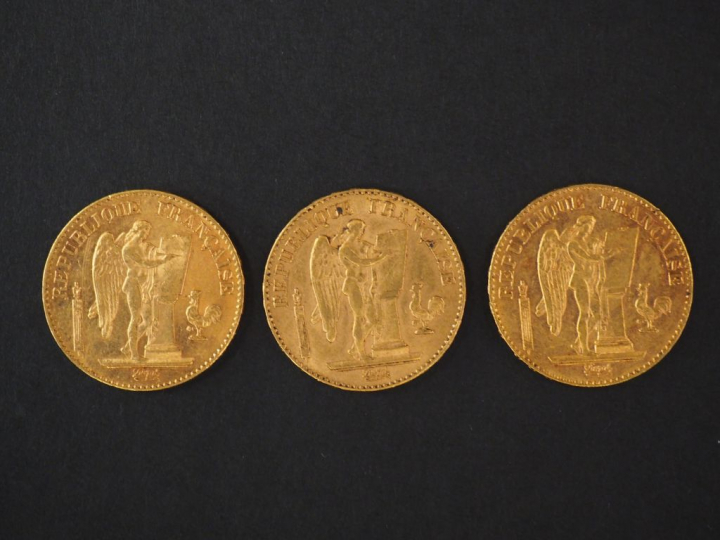 Trois pièces de 20 Francs or, 1891-A, 1896-A et 1897-A. FRAIS ACHETEUR