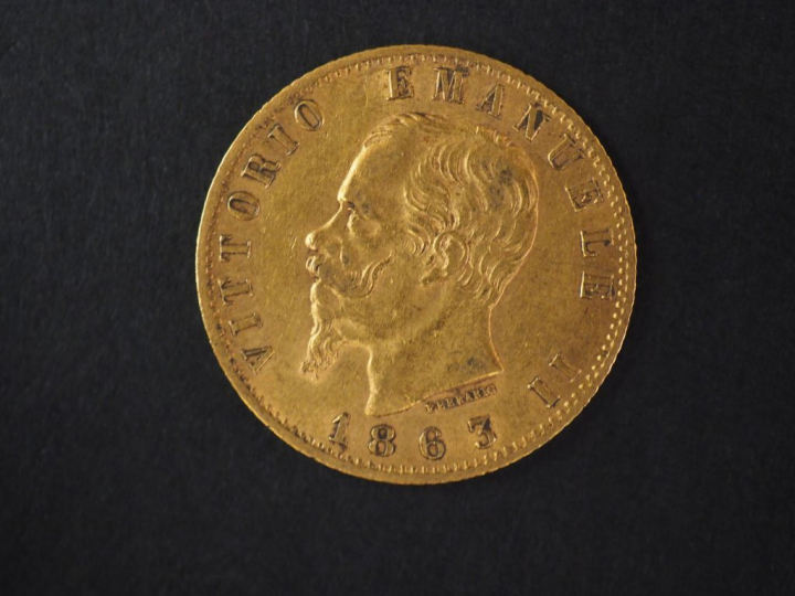 Pièce de 20 Lires italienne, 1863. FRAIS ACHETEURS : 5% TTC