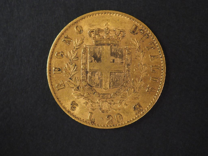Pièce de 20 Lires italienne, 1863. FRAIS ACHETEURS : 5% TTC