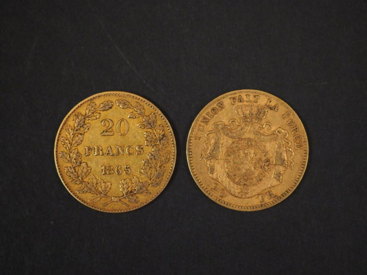 Deux pièces de 20 Francs or belge, 1865 et 1869. FRAIS ACHETEURS : 5% 