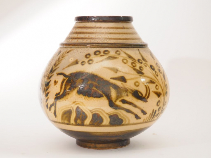 PRIMAVERA.  Grand vase ovoïde en céramique, à décor en camaïeu brun de