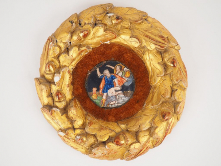 Email polychrome XVIIème "Le sacrifice d'Isaac" Dans un cadre en bois 