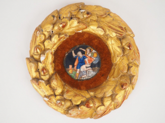 Vente aux enchères Email polychrome XVIIème "Le sacrifice d'Isaac" Dans un cadre en bois 