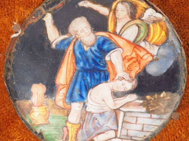 Email polychrome XVIIème "Le sacrifice d'Isaac" Dans un cadre en bois 