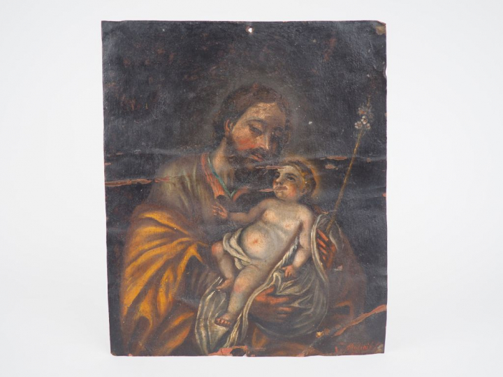 Ecole française XVIIIème "Saint Joseph et l'Enfant Jésus" Huile sur cu