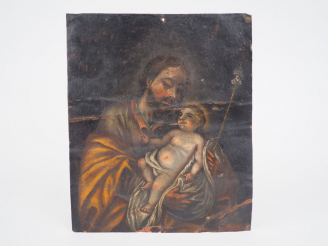 Vente aux enchères Ecole française XVIIIème "Saint Joseph et l'Enfant Jésus" Huile sur cu