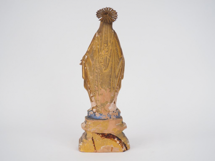 Statuette XVIIIème en terre cuite polychrome. "Vierge en Majesté" H. 4