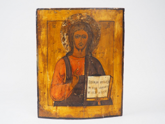 Vente aux enchères Icône XIXème en bois polychrome "Christ" 41 x 33,5 cm (sauts de peintu