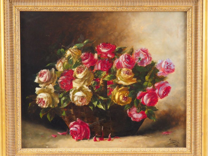 M. ARGELES.     "Bouquet de roses" Huile sur toile. Signée en bas à dr