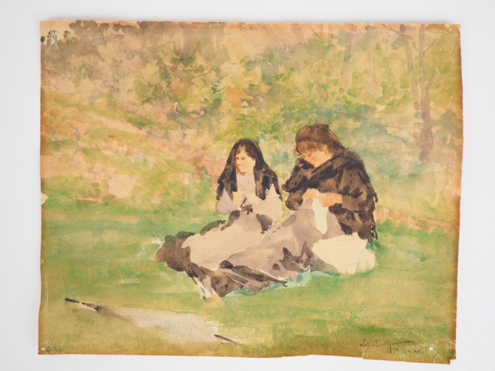 Louis Joseph ANTHONISSEN "Les tricoteuses" Aquarelle. Signée en bas à 
