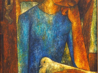 Vente aux enchères Fransisco BAJEN  "Jeune fille à la colombe" Huile sur toile.  Signée e