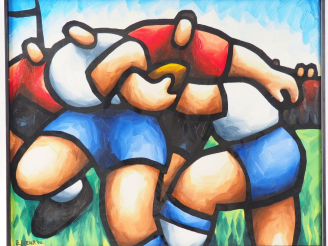 Vente aux enchères B. BLEND "La partie de rugby" Huile sur toile. Signée en bas à gauche.