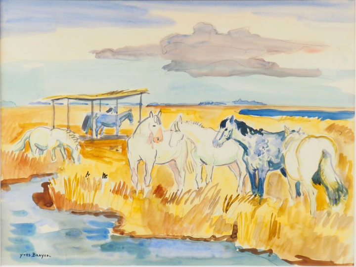 Yves BRAYER  "Chevaux de Camargue" Aquarelle. Signée en bas à gauche. 