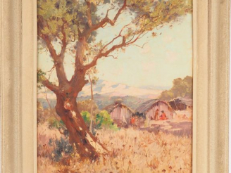 Vente aux enchères E. DESHAYES "Campement de bédouins" Huile sur toile. Signée en bas à g