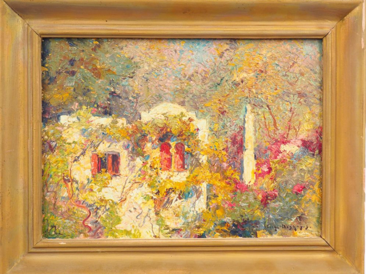E. DESHAYES "Habitation en Afrique du Nord" Huile sur panneau. Signée 