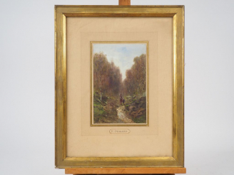 Vente aux enchères E. DESHAYES "Ramasseurs de fagots à l'orée du bois" Aquarelle. Signée 