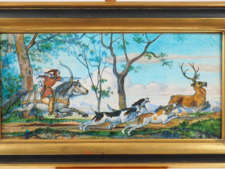 Vente aux enchères E. GLUCK "Chasse au cerf avec cavalier"  Plaque en céramique peinte et