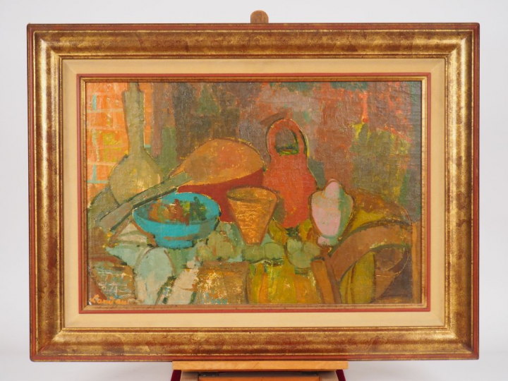 Sigmund LANDAU "Nature morte" Huile sur carton. Signée en bas à gauche