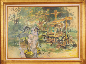 Vente aux enchères Jean Gaston MANTEL "Jeunes femmes près du pressoir" Aquarelle gouachée
