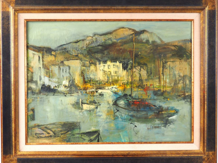Jacques VAN DEN BUSSCHE "Vue d'un port méditérannéen". Huile sur toile
