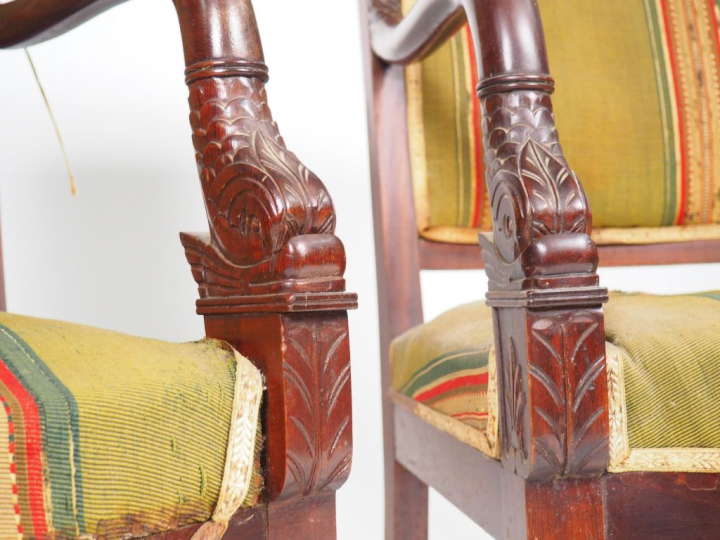 Paire de fauteuils de style Empire en acajou, accotoirs à décor de dau