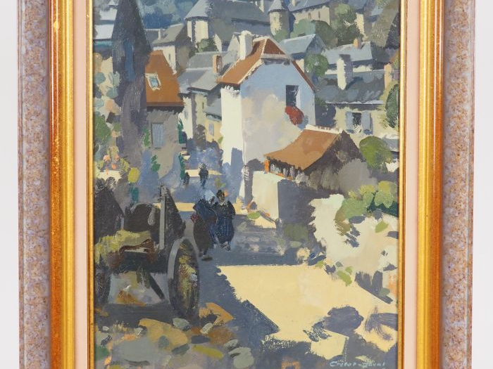 Raymond CRETOT-DUVAL "Village animé" Huile sur toile double faces. Sig